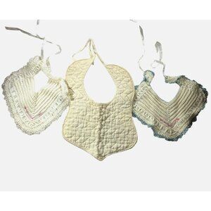Set Of 3 Vtg Baby Bibs Quilted Crochet Lace Handmade White Pink Blue Accents